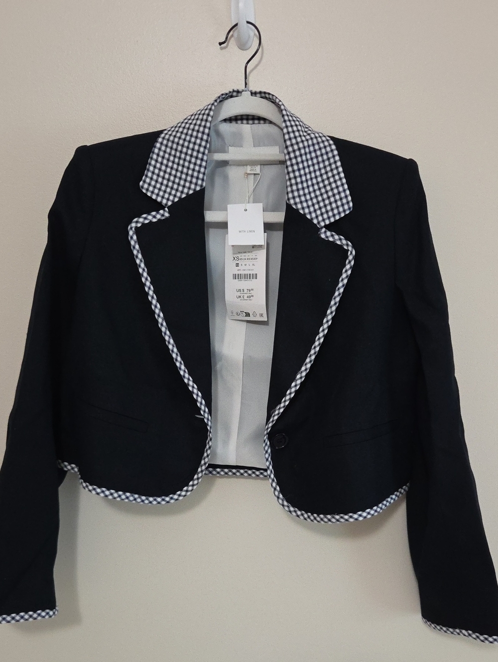 Zara Black Cropped Blazer with Gingham Trim
